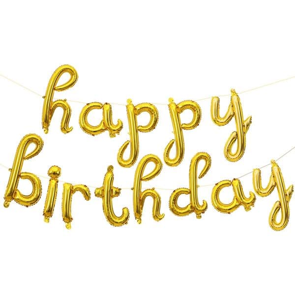 Надпись F, Happy birthday, курсив, золото, 17"/43см